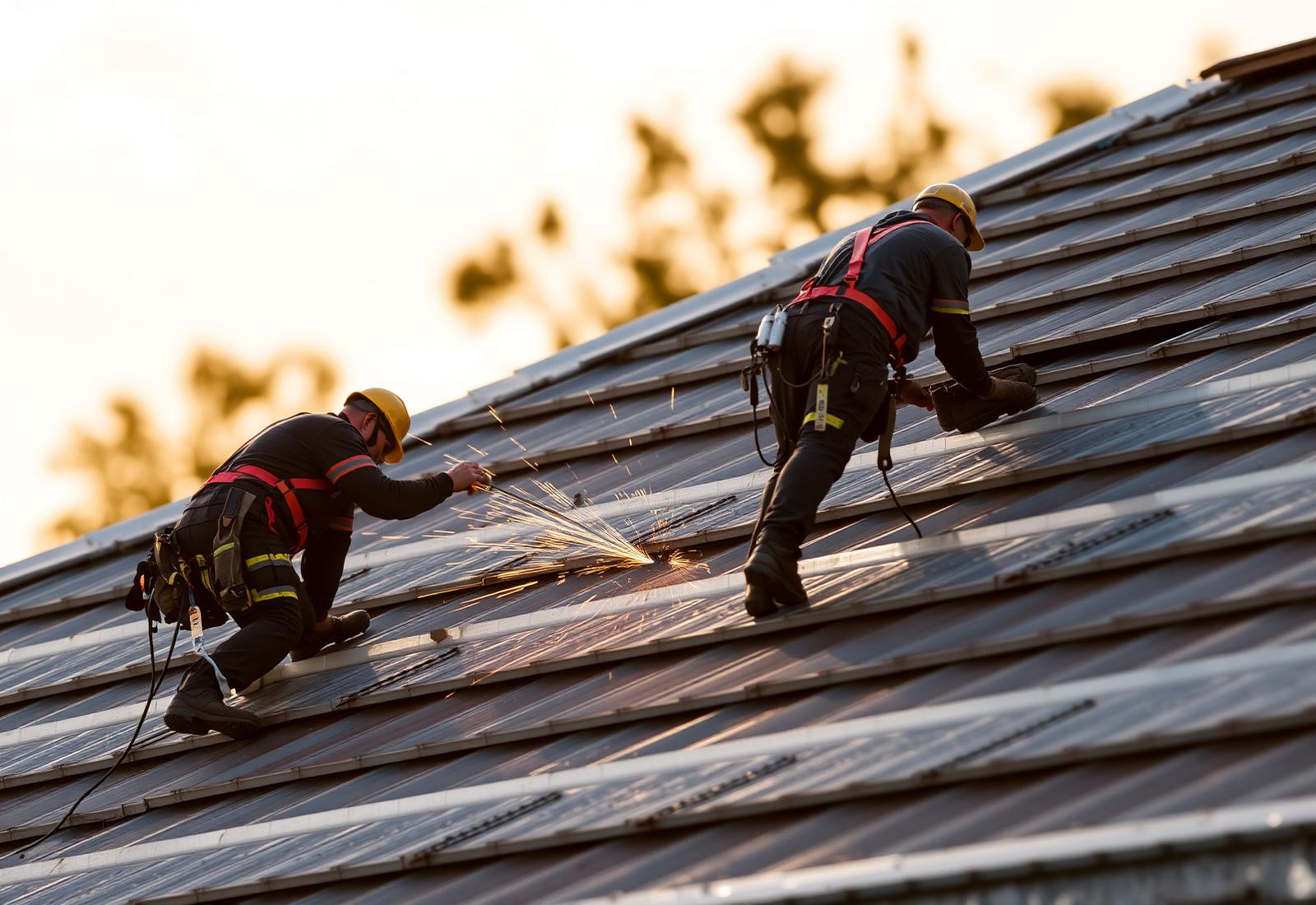 Roofing crew installing metal panels